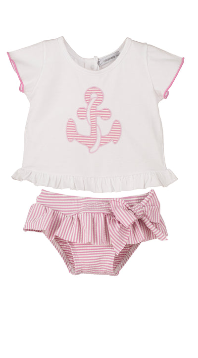 Girls Pink Striped Anchor Print Swimwear