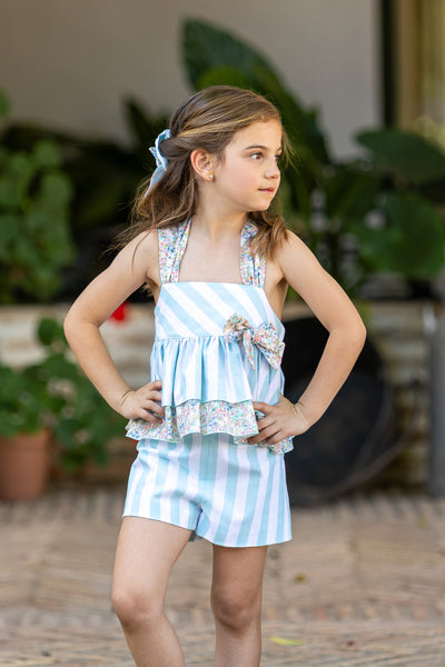 PRE -ORDER Girls Mint & White Striped Shorts Set By Babine.