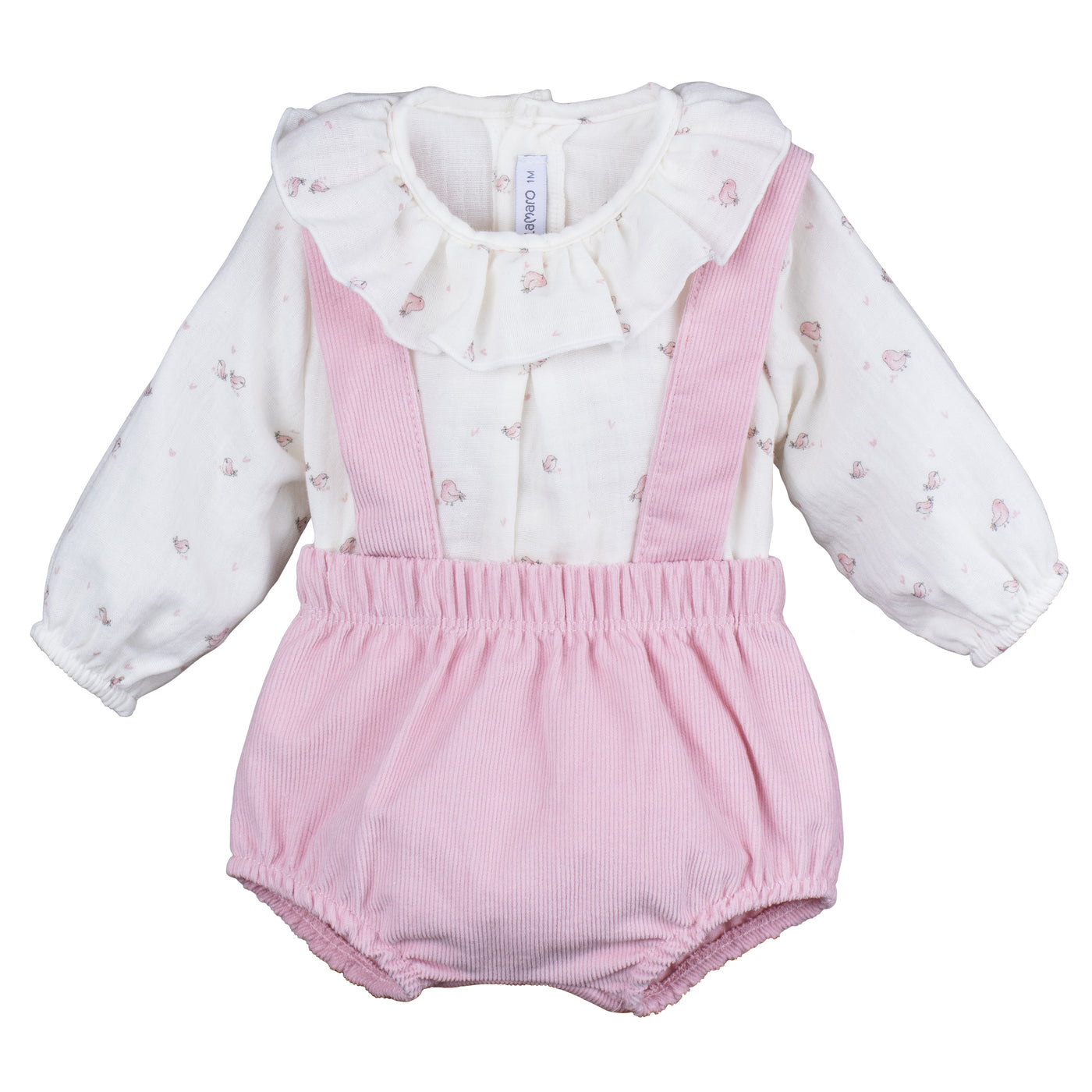 Girls Pink Braced Bloomer Set With Little Bird Print Blouse By Calamaro