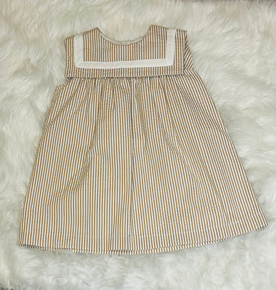 Girls Beige & White Striped Dress By Puro Mimo