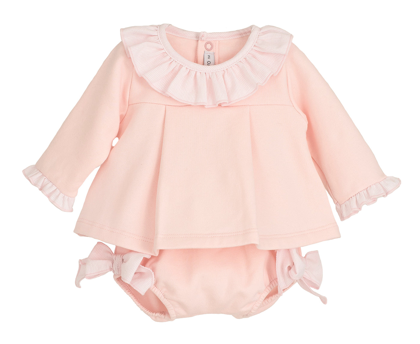 Pink baby outfit with ruffled collar and matching diaper on a white background