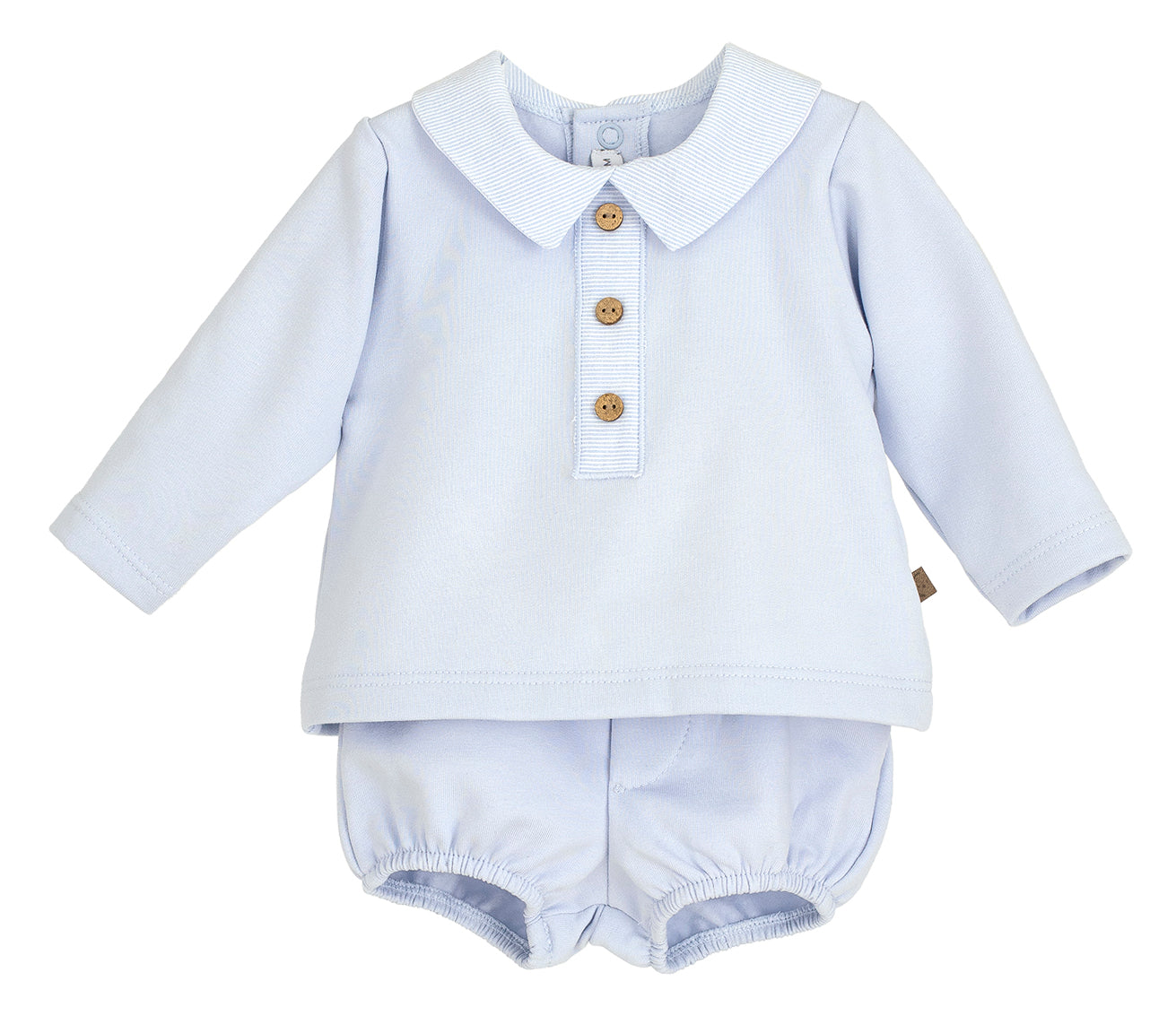 Light blue baby outfit with a shirt and shorts on a white background