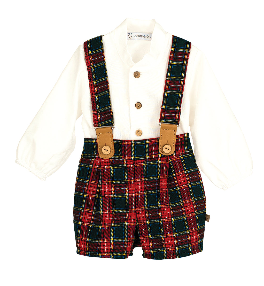 Plaid shorts with suspenders and a white shirt on a white background
