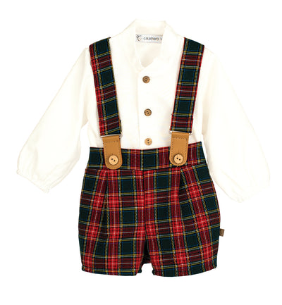 Plaid shorts with suspenders and a white shirt on a white background