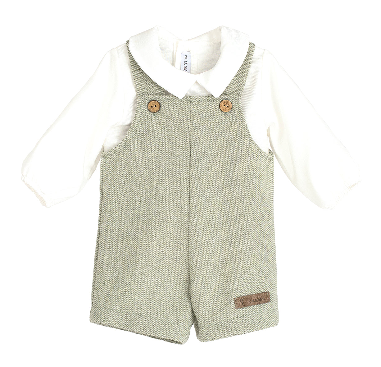 Green herringbone overalls with brown buttons on a white background