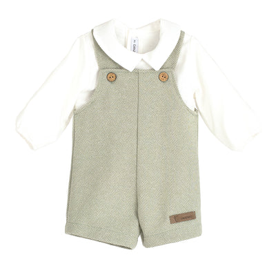 Green herringbone overalls with brown buttons on a white background