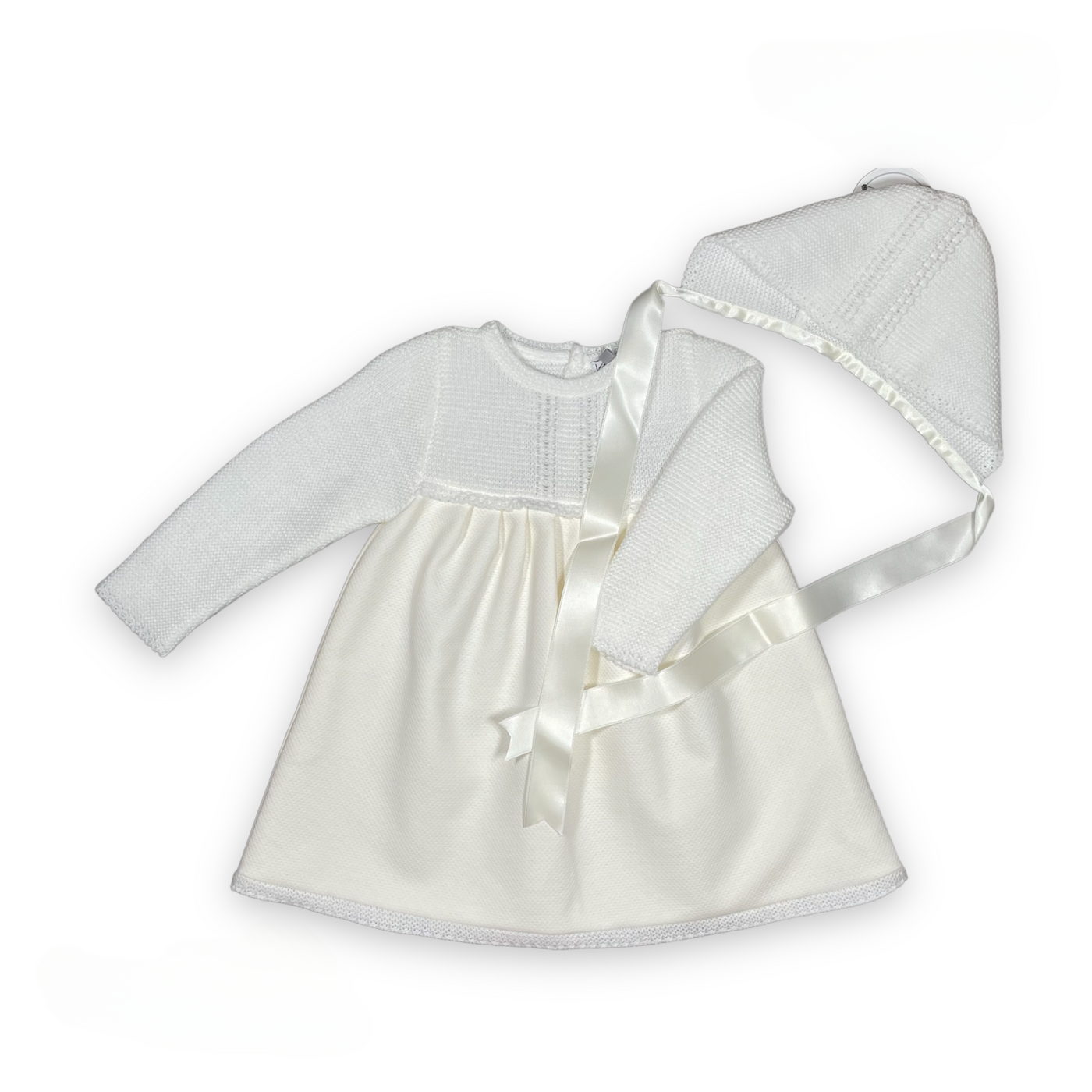 Girls Ivory Half-Knitted Dress and Matching Bonnet by Mebi