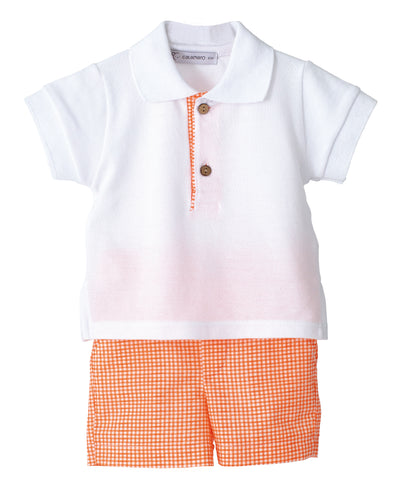 Boys Orange Gingham Shorts Set By Calamrao