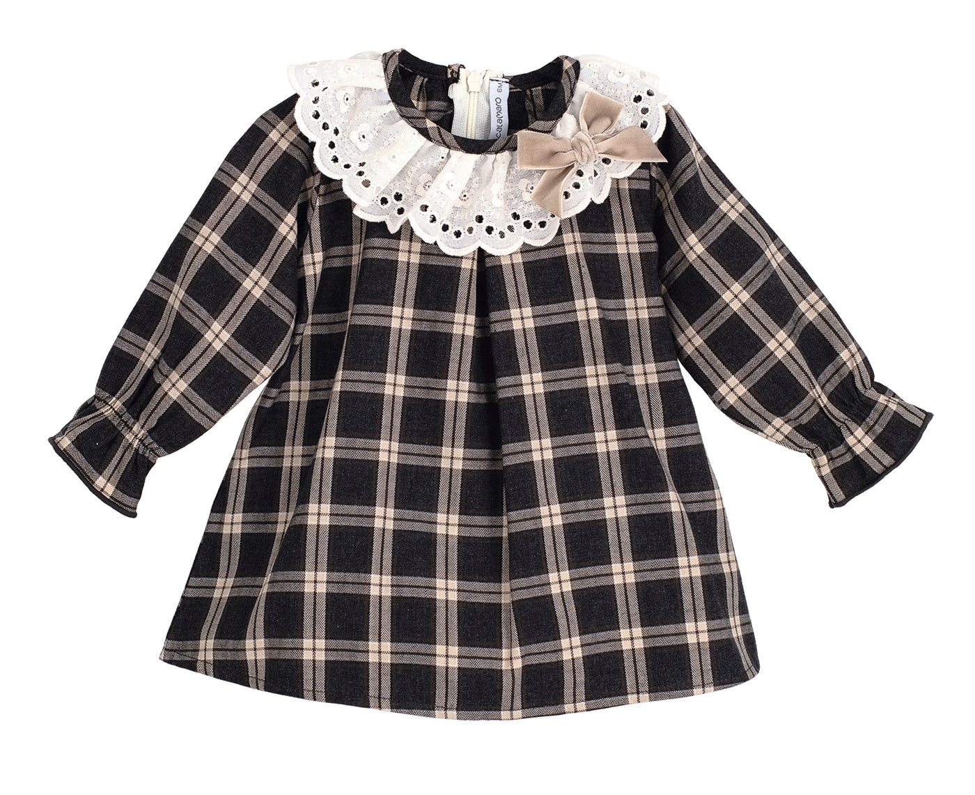 Plaid dress with lace collar and bow on a white background