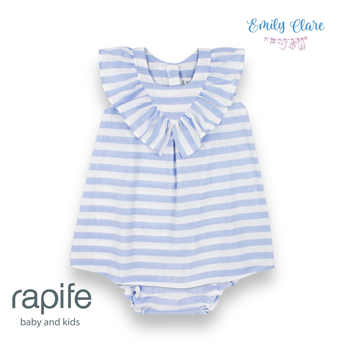 Girls White & Blue Striped Dress & Bloomers By Rapife