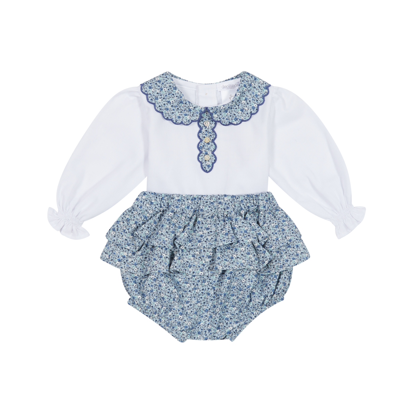 Girls White & Blue Floral Jam Pants Set By Deolinda