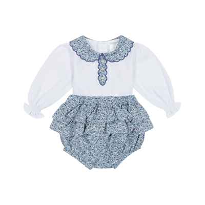 Girls White & Blue Floral Jam Pants Set By Deolinda