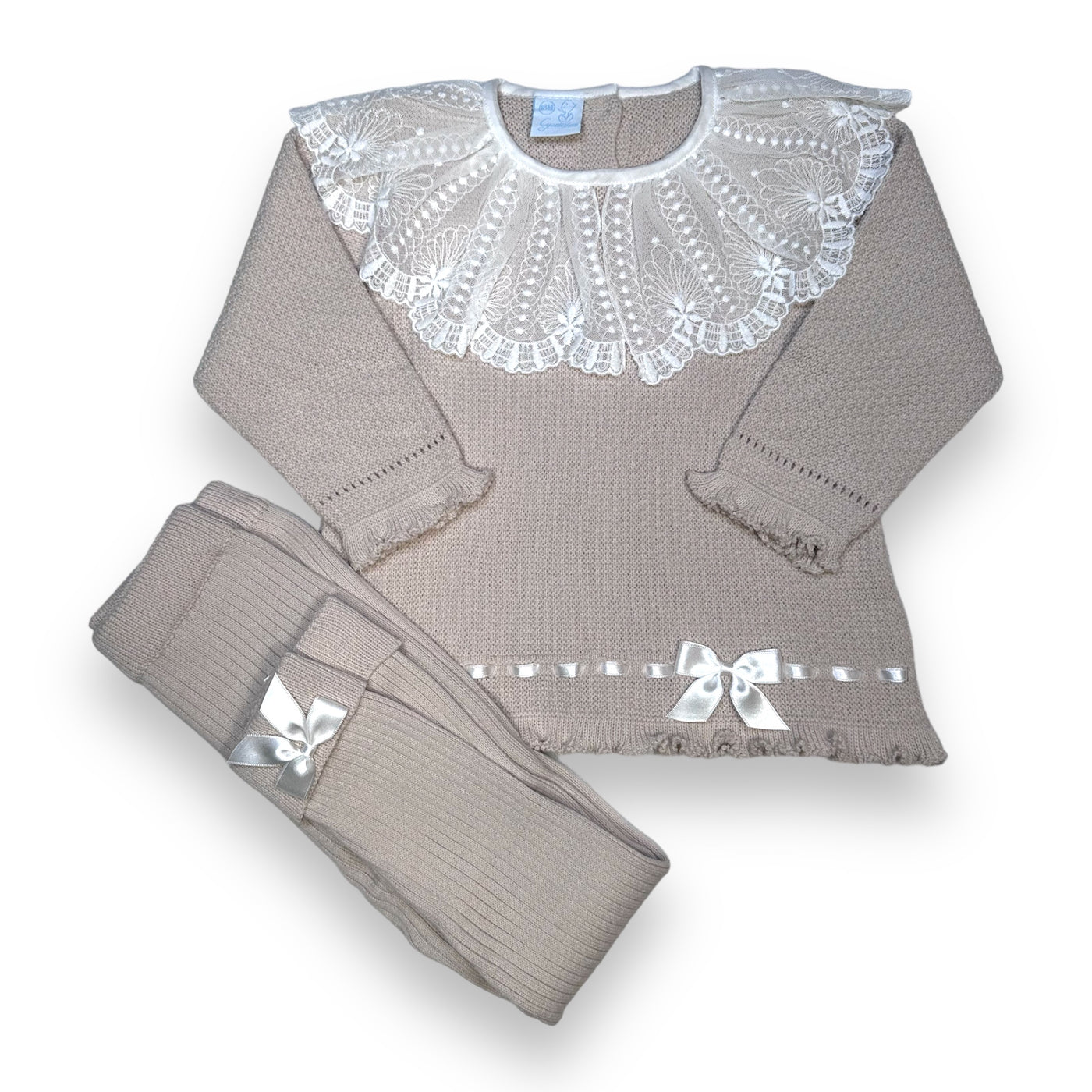 Girls Beige Lace Collar Knitted Leggings Set By Artesania Granlei