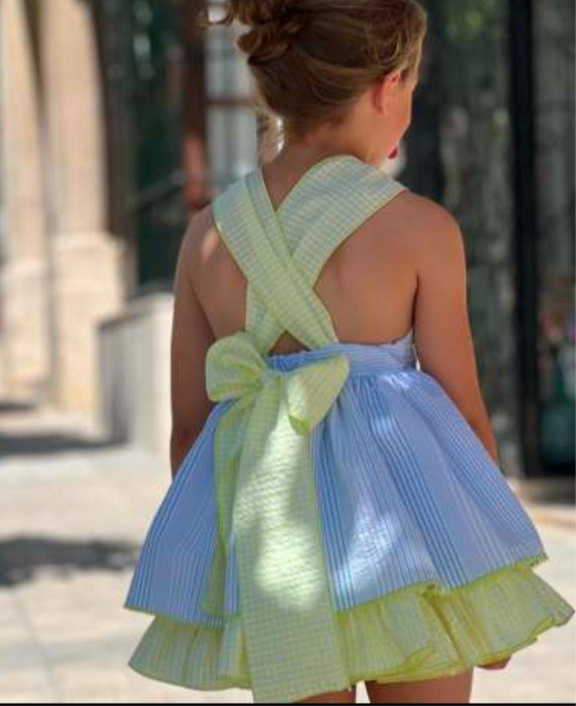 Girls Blue & Yellow Striped Dress By Copo