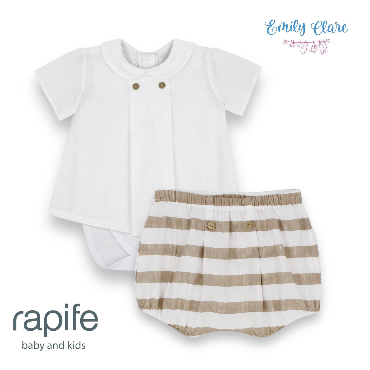 Boys White Voile Top & Camel Striped Bloomers Set By Rapife