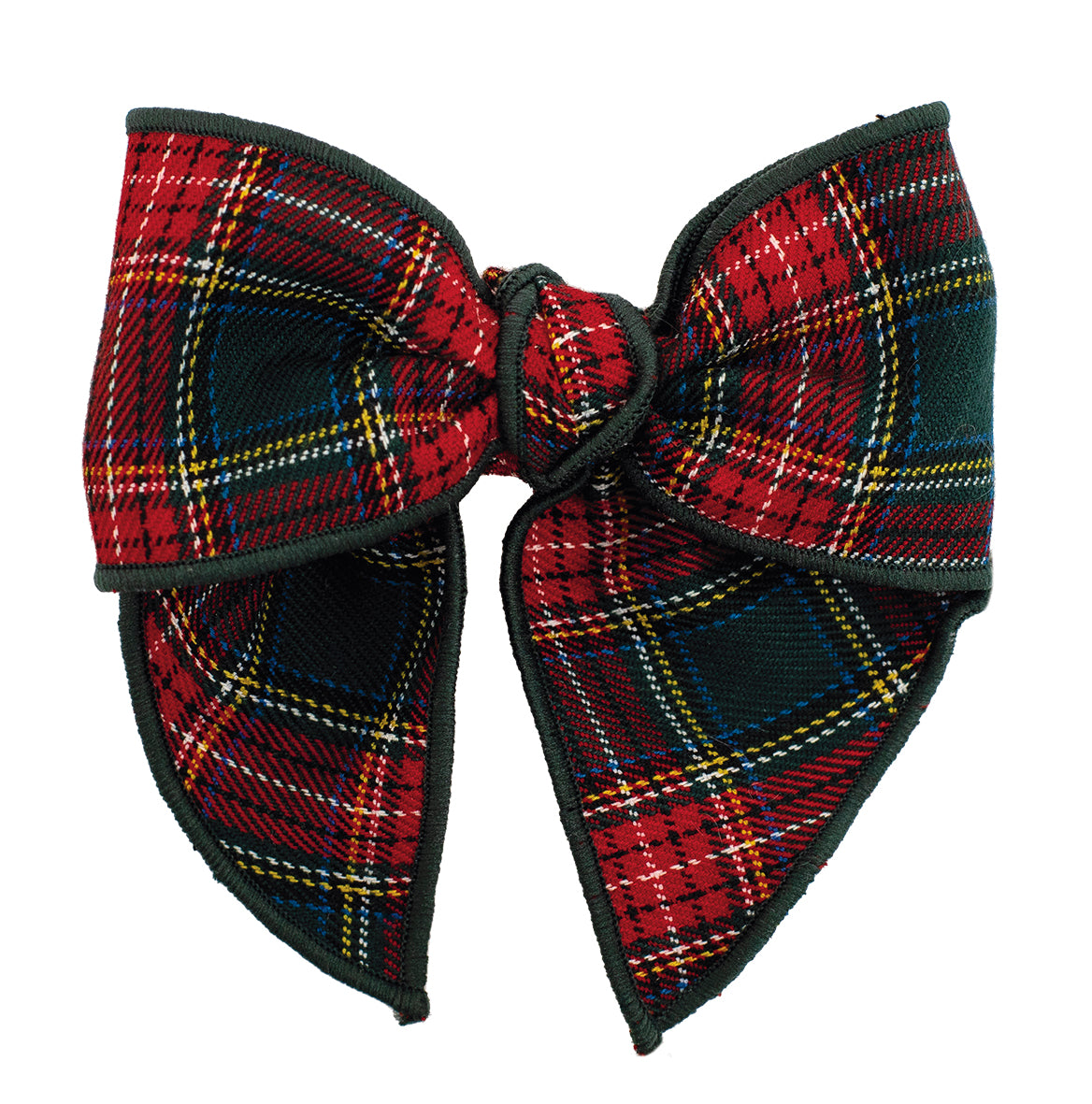 Plaid bow with red, blue, and yellow pattern on a white background