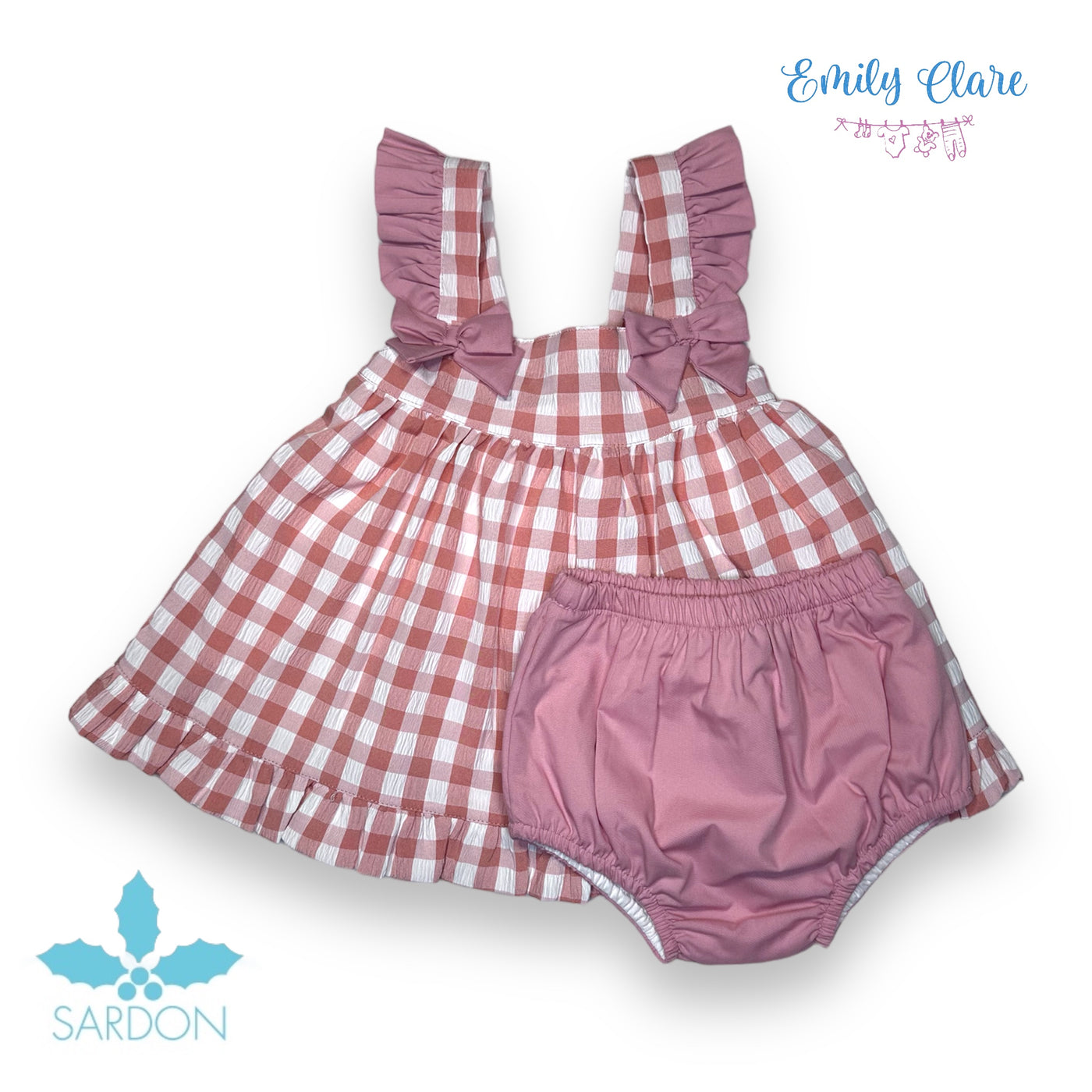 Girls Rose & White Chequered Top & Bloomers By Sardon