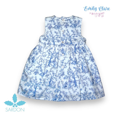 Girls Toile Smocked Dress in Blue & White by Sardon