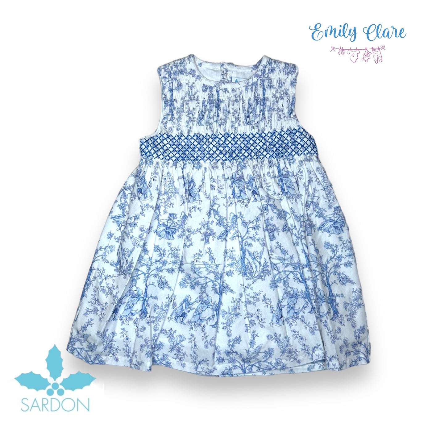 Girls Toile Smocked Dress in Blue & White by Sardon