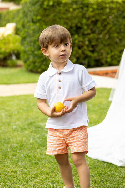 Boys Orange Gingham Shorts Set By Calamrao