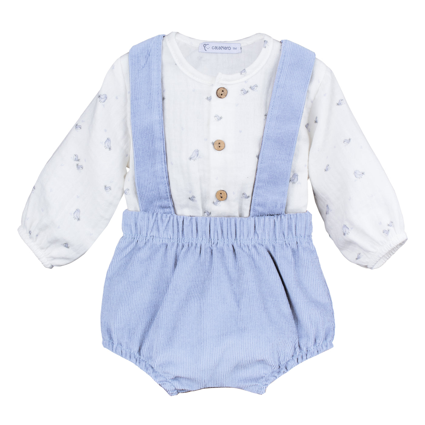 Boys Pale Blue Braced Bloomer Set With Little Bird Print Shirt By Calamaro