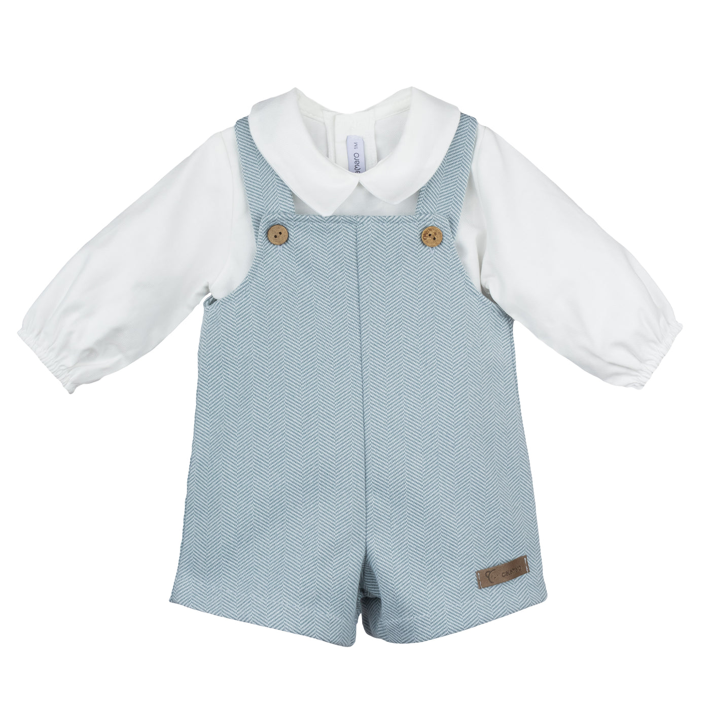 Boys Herringbone Pale Blue Dungarees With Ivory Blouse By Calamaro