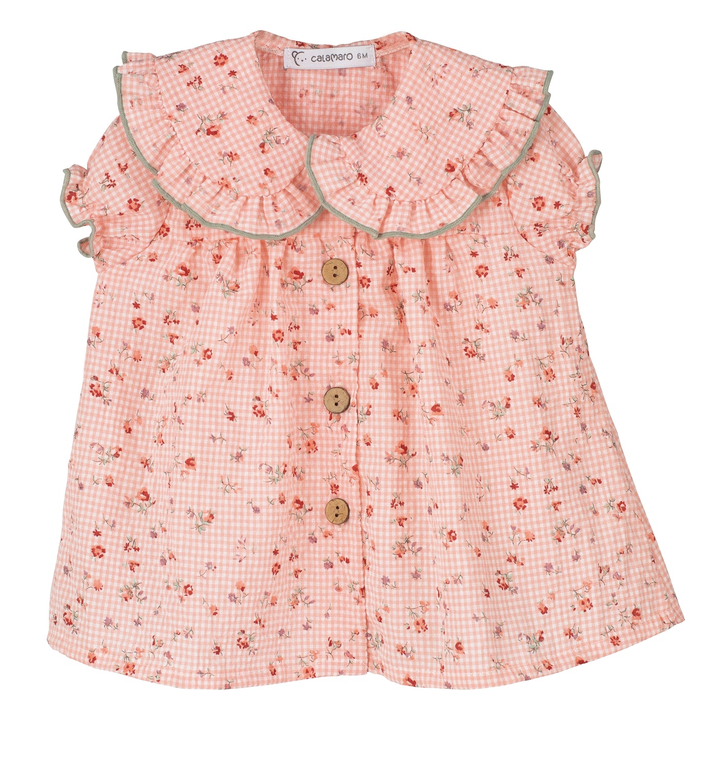 Girls Coral Gingham Floral Dress By Calamaro