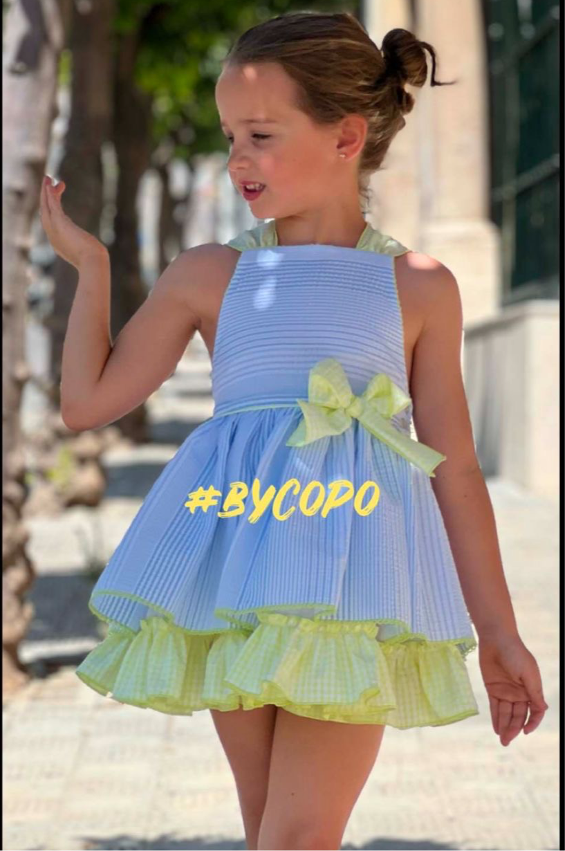 Girls Blue & Yellow Striped Dress By Copo