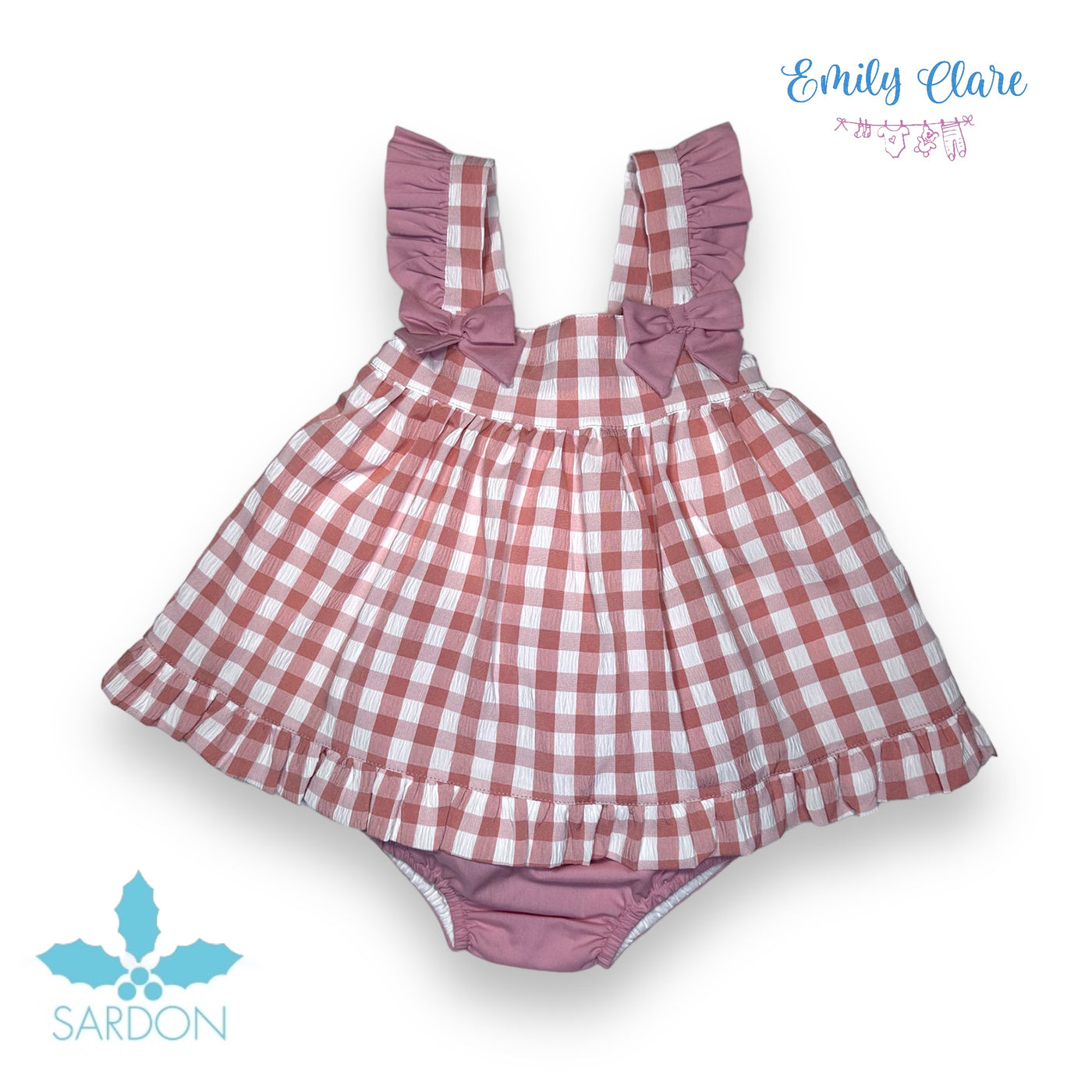 Girls Rose & White Chequered Top & Bloomers By Sardon