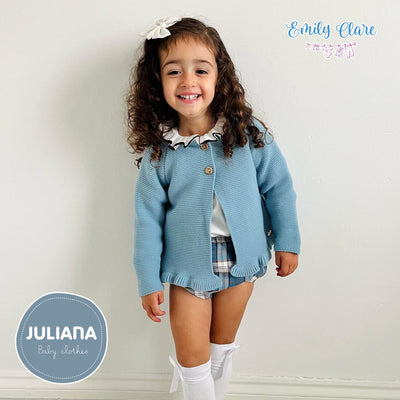 Girls Blue Knit Cardigan, Blouse & Bloomers Set By Juliana