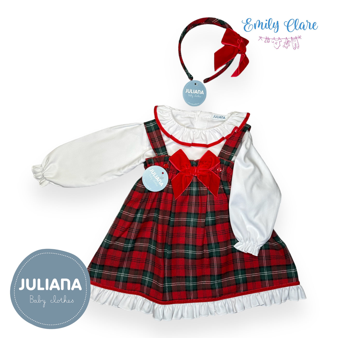 Girls Dungaree Style Red Tartan Dress & Blouse Set By Juliana