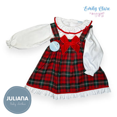 Girls Dungaree Style Red Tartan Dress & Blouse Set By Juliana