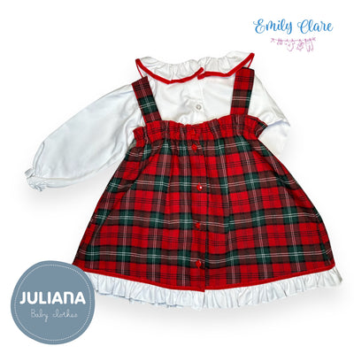 Girls Dungaree Style Red Tartan Dress & Blouse Set By Juliana