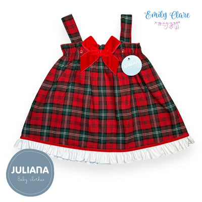 Girls Dungaree Style Red Tartan Dress & Blouse Set By Juliana