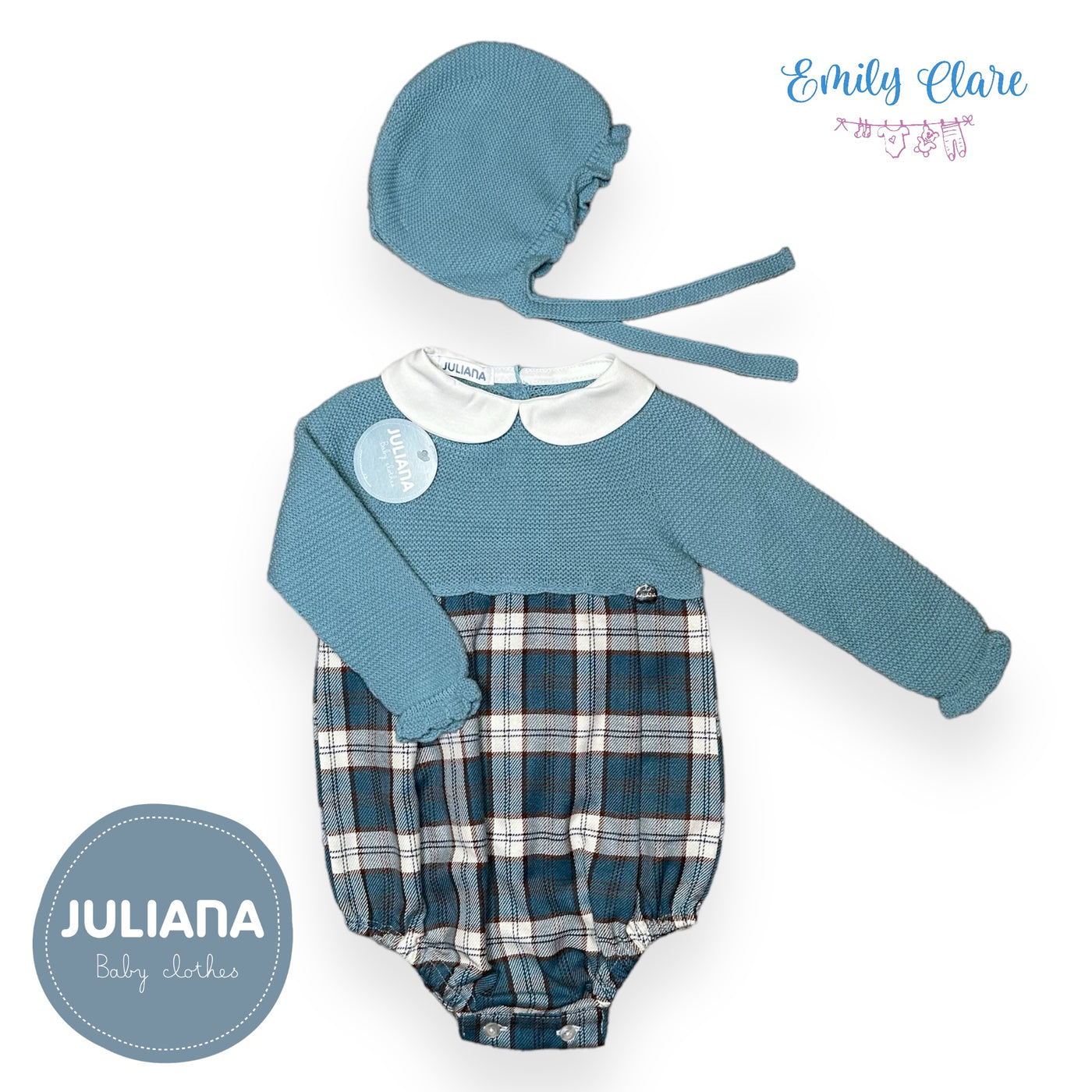 Girls Blue Knit & Tartan Romper By Juliana