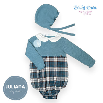 Girls Blue Knit & Tartan Romper By Juliana