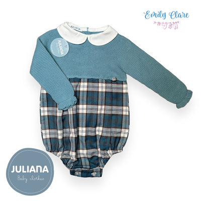 Girls Blue Knit & Tartan Romper By Juliana