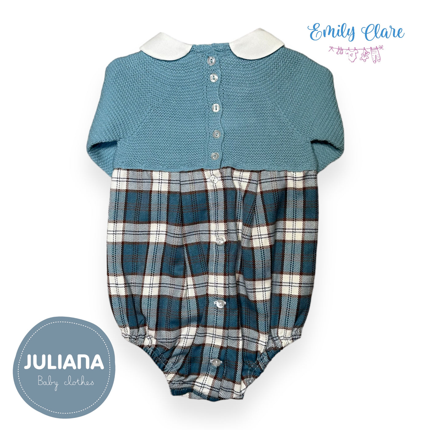 Girls Blue Knit & Tartan Romper By Juliana