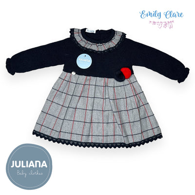 Girls Navy Knit & Checked Material Dress By Juliana