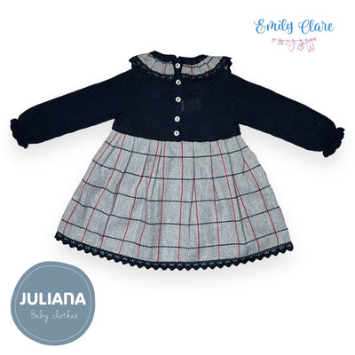 Girls Navy Knit & Checked Material Dress By Juliana