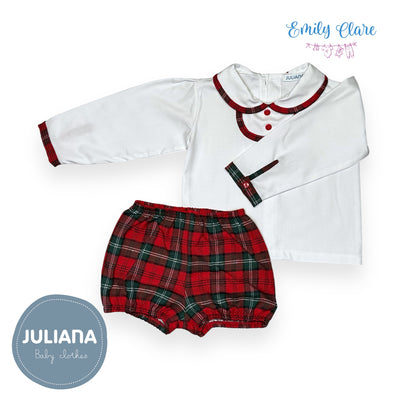 Boys White Shirt & Red Tartan Bloomers Set By Juliana