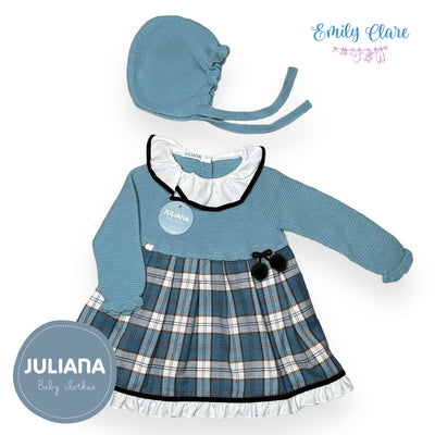 Girls Blue Knit  & Fabric Tartan Dress By Juliana