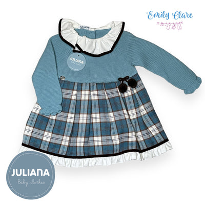 Girls Blue Knit  & Fabric Tartan Dress By Juliana