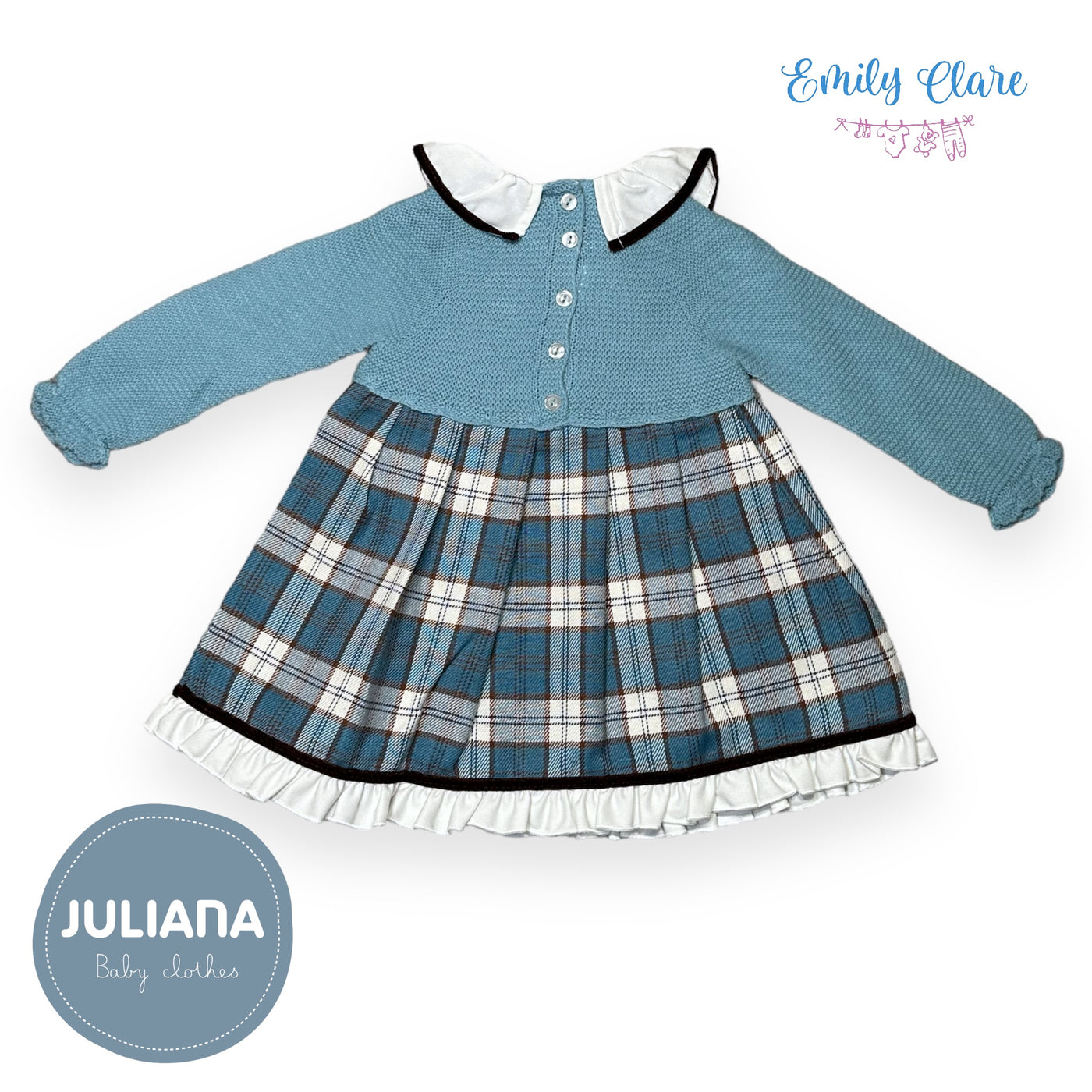 Girls Blue Knit  & Fabric Tartan Dress By Juliana