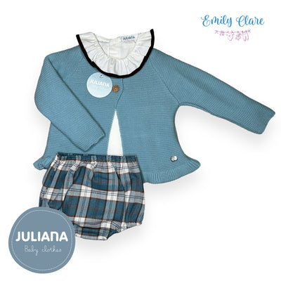 Girls Blue Knit Cardigan, Blouse & Bloomers Set By Juliana