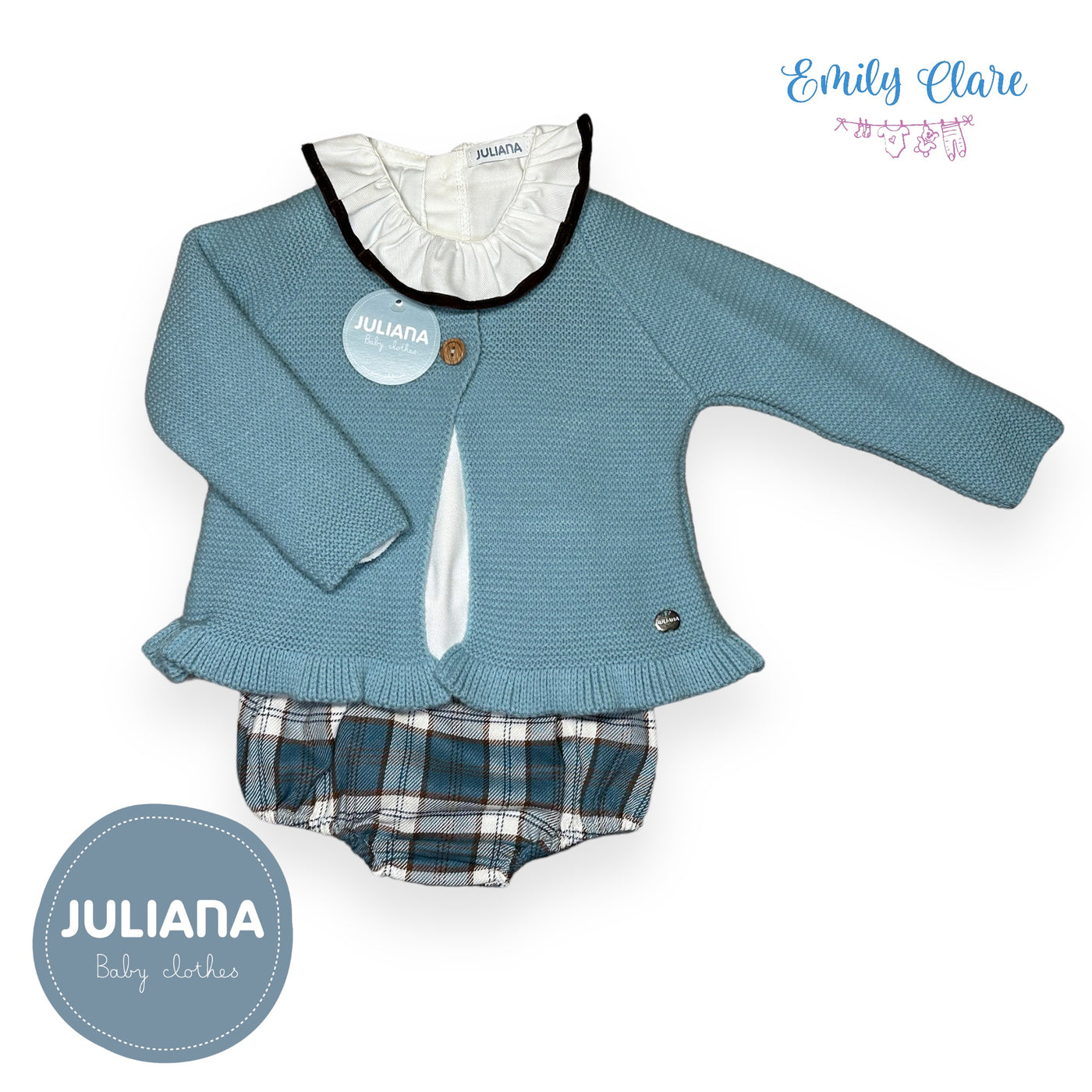 Girls Blue Knit Cardigan, Blouse & Bloomers Set By Juliana