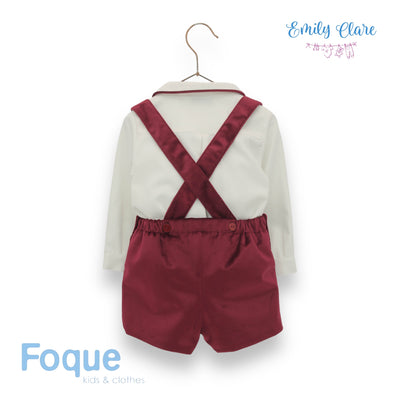 Boys Ivory Shirt & Red Velvet Shorts By Foque