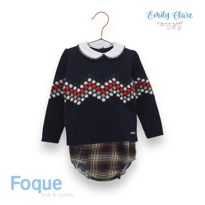 Boys Navy Knit Top & Tartan Jam Pants Set By Foque