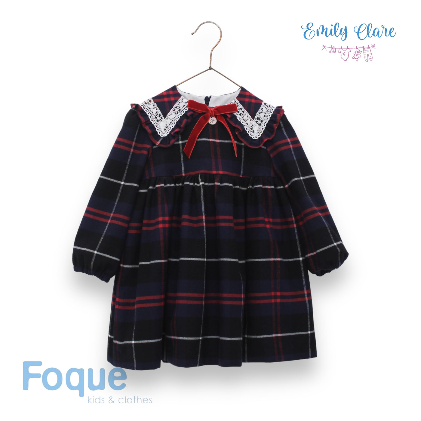 Girls Navy & Red Tartan Dress By Foque