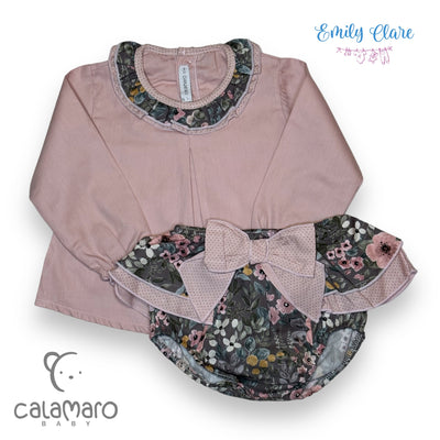 Dusky Pink Floral Blouse & Bloomers Set By Calamaro